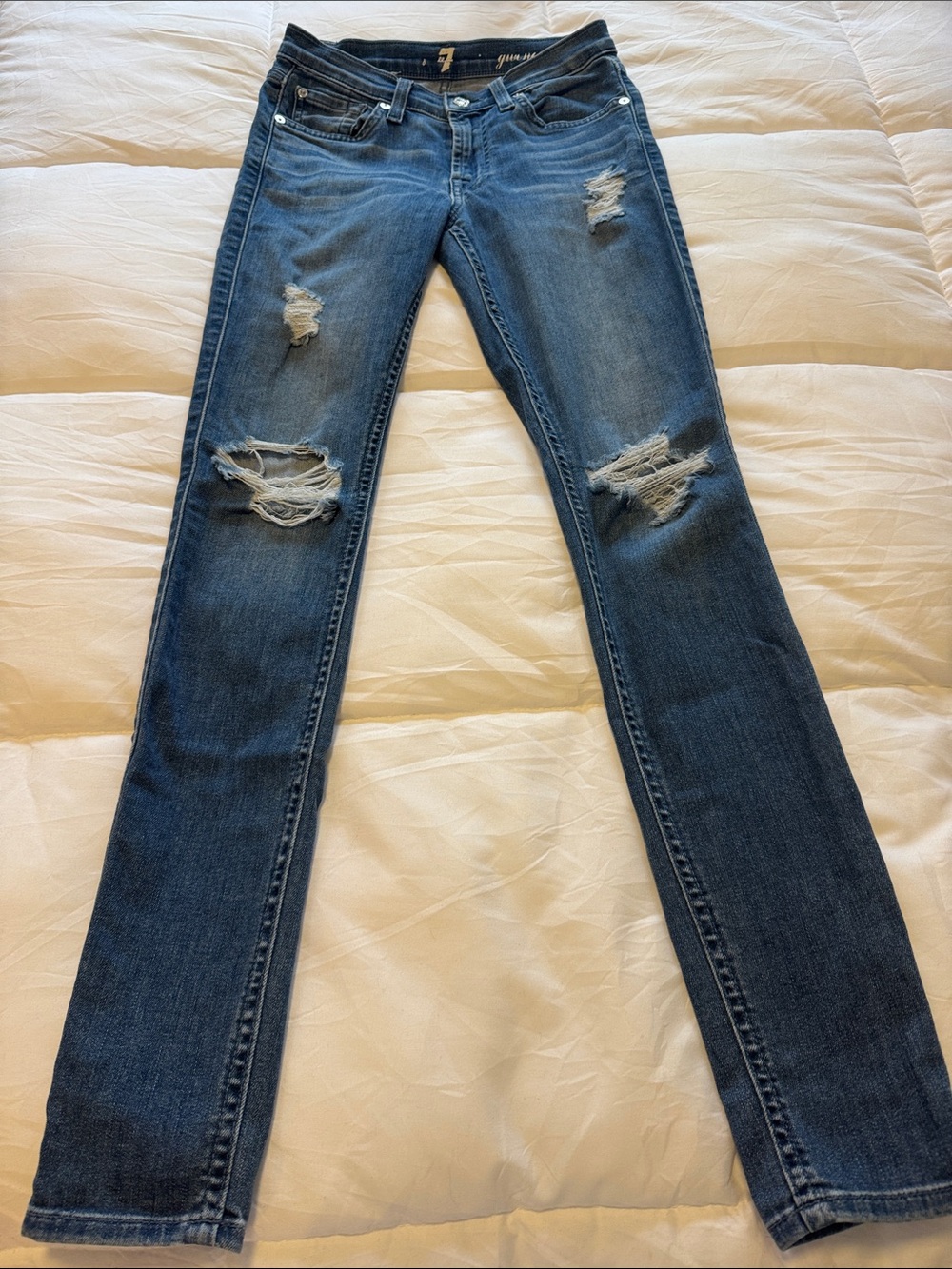 7 For All Mankind Blue Skinny Distressed Jeans